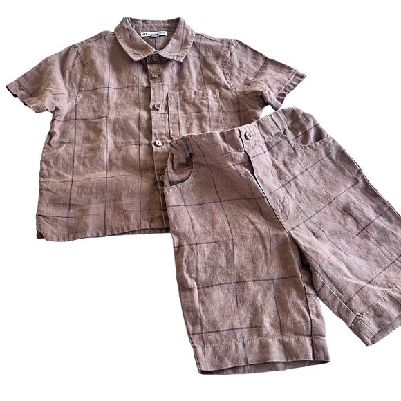 Blumint boys brown linen plaid shirt and shorts matching outfit set size 3 - Picture 1 of 9